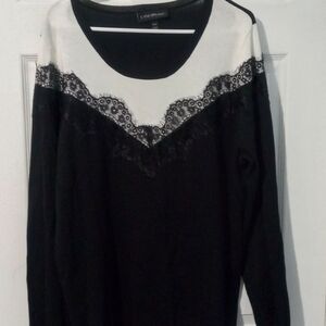 Lane Bryant Black and White Lace Yoke Scoop Neck Top